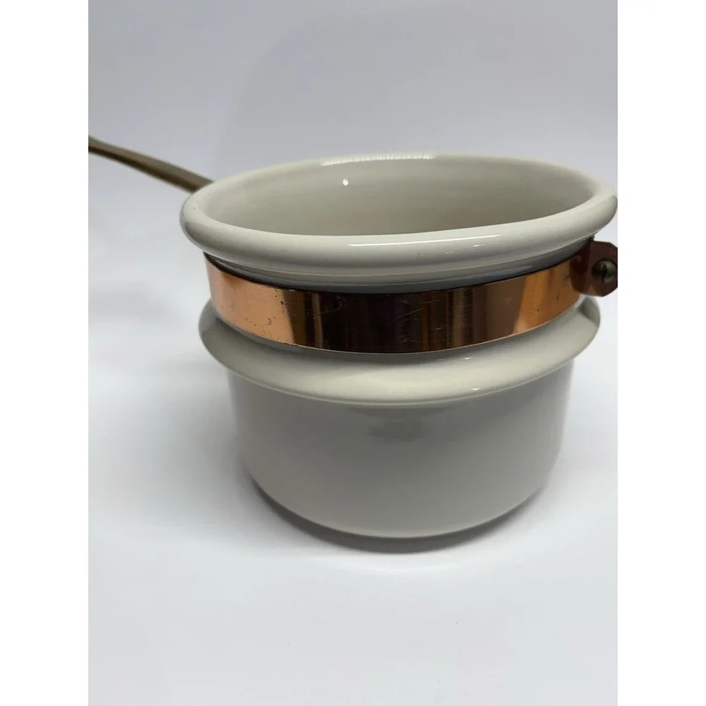 Vintage Metalitol Portugal Ceramic Saucepan Copper Band Brass‎ Handle MCM Pot